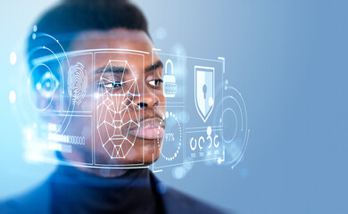 African businessman and biometric scanning hologram, security and data access