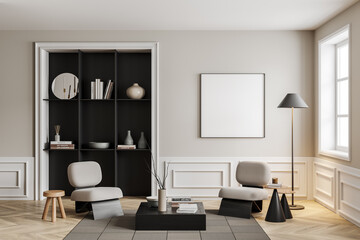 Light chill interior with armchair and shelf with decor, window. Mockup frame