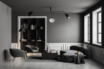 Grey chill interior with couch and armchairs with decoration. Mockup empty wall