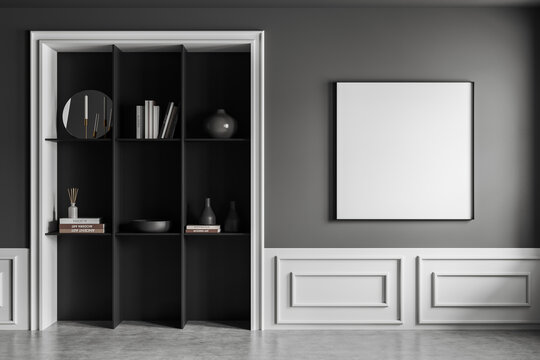 Grey gallery room interior with shelf and art decoration, mockup frame