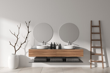 Light bathroom interior with two washbasins and mirror, accessories