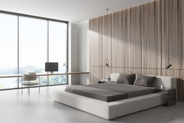 Corner view on bright bedroom interior with bed, panoramic window