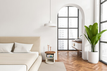 Front view on bright studio interior with bed, panoramic window