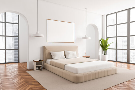 Stylish bedroom interior with bed and panoramic window. Mockup frame