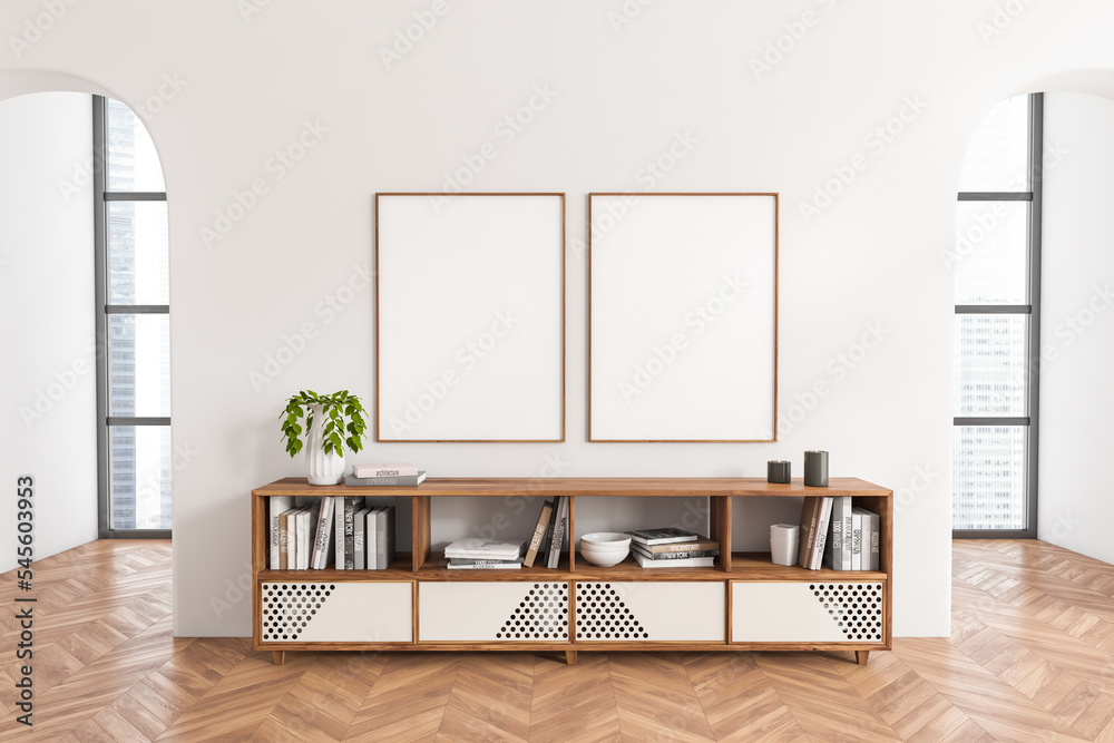 Wall mural stylish exhibition interior with drawer, panoramic window and mockup frames