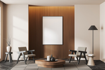 Light chill interior with seats and coffee table with decor, mockup frame