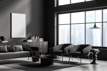 Grey meeting interior with couch and armchairs, window and mockup frame