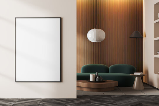 Bright living room interior with empty white poster, sofa