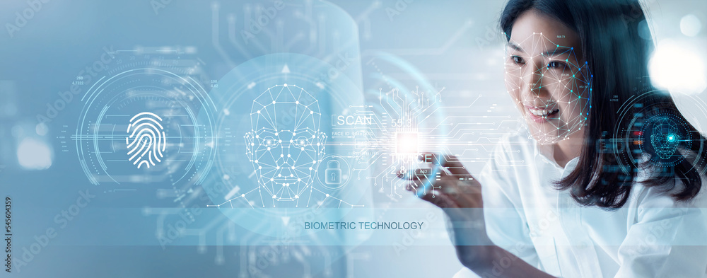 Poster Biometric technology. Biometric authentication security detect human face recognition and fingerprint identification. Secure access system and data privacy protection technology against cyber attack.