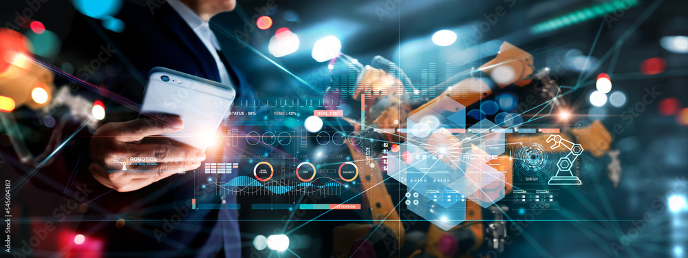 Aufkleber Technician manager, Industrial engineer control robotics on monitoring system software and icon industry network connection on smartphone. AI. Automation robot arm in smart factory. Industry 4.0