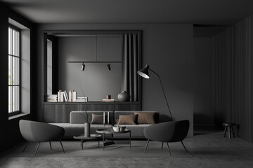 Grey chill room interior with couch and armchairs, drawer and panoramic window