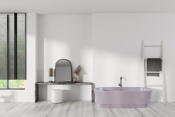 Luxury bathroom interior with tub and dressing table with window. Mockup wall