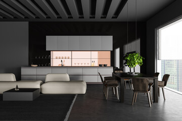 Grey studio interior with chill and dining area, panoramic window