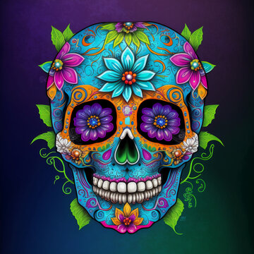 Colorful sugar skull, Day of the Dead, Mexico. Generative AI