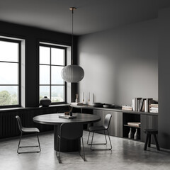 Grey meeting room interior with table and chairs, drawer and window. Empty wall