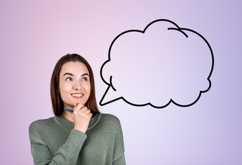 Smiling woman with pen and hand to chin, copy space empty speech bubble