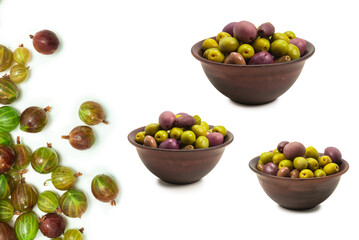 Olives in ceramic brown bowl isolated on white