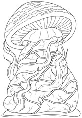 Fairytale mushroom braided with vines. Vector illustration of children's coloring book