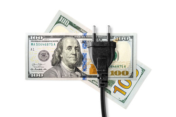 One hundred dollars notes on a white background. Energy crisis and expensive electricity, gas price. Big heating, gas and electricity bill