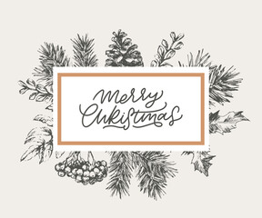 Merry Christmas and Happy New Year Abstract Botanical Card with Square Frame Banner and Modern Typography. Green and Pink Pastel Colors Greeting Layout. Isolated.