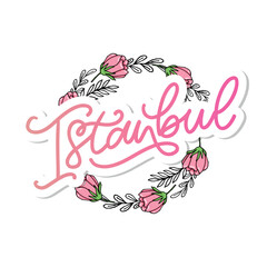 Istanbul. Hand lettering. Vector logo of Istanbul in black color with seagulls on white background. souvenir products, banner emblem, travel blog social media, brochure, flyer. Digital illustration.