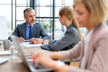 Business team discussing together business plans in office.