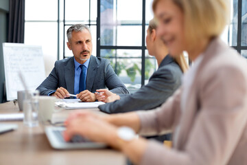 Business team discussing together business plans in office.
