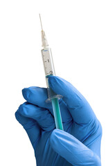 Hand with blue glove holding a syringe