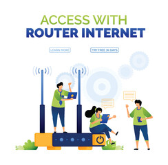 illustration of people accessing the internet with routers and communicating with each other. illustration of activities for internet service providers. can use for ad, poster, campaign, website, apps