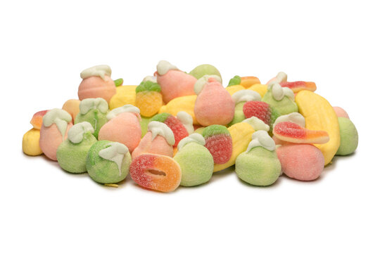 Mix of jelly candys and marshmallows isolated on a white background.