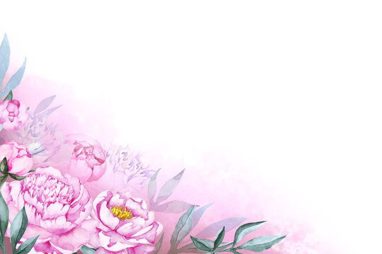 Corner frame of beautiful pink peony flowers with green leaves and pink fog isolated on white background. Hand drawn watercolor. Copy space.