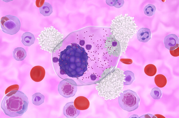 T-cells attack multiple myeloma cell in the blood flow - closeup view 3d illustration