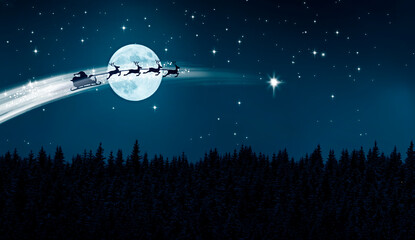 Fototapeta na wymiar Santa Claus im Schlitten über einer Schneelandschaft bei Nacht