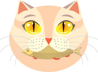 Vector cat with a fish in its mouth. Beautiful cat with yellow eyes. For print and web.