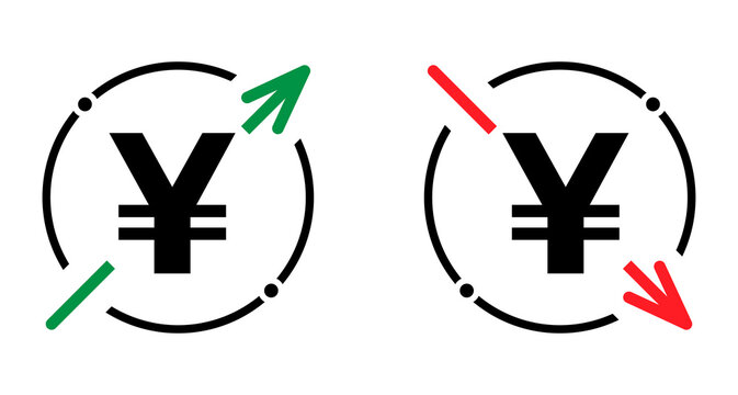 Set of cost symbol yuan increase and decrease icon. Money vector symbol isolated on background