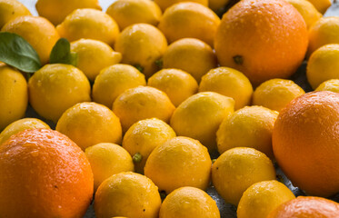 Fresh, ripe lemons and oranges covered with raindrops at an outdoor market.