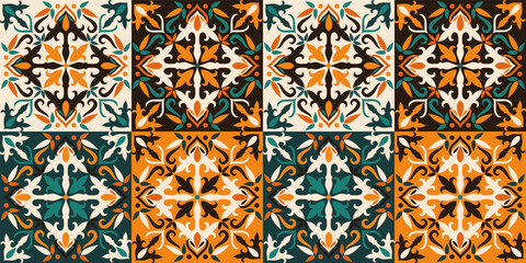Seamless colorful patchwork in turkish style. Hand drawn background. Azulejos tiles patchwork. Portuguese and Spain decor. Islam, Arabic, Indian, ottoman motif. Perfect for printing on fabric or paper