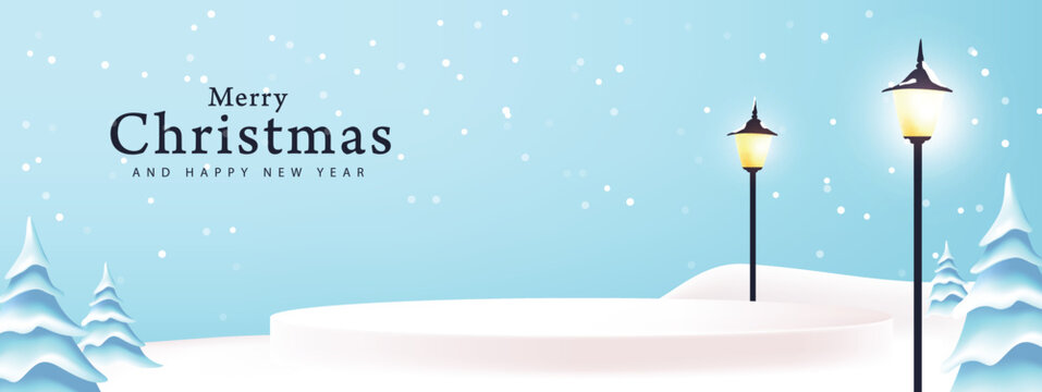 Merry Christmas banner winter landscape background and snow product display cylindrical shape