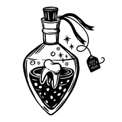 Graphic tattoo sketch of magical glass bottle with magic tooth. Decorative magic graphic element for design, tarot, print