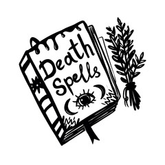 Decorative graphic sketch of death spells magic book. Esoteric witchcraft graphic element and bouquet of herbs