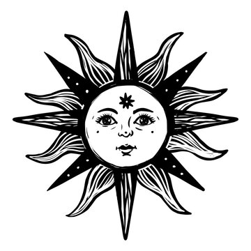 Graphic sketch of esoteric magical sun. Esoteric graphic element for tarot, printing, decoration, design