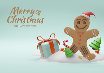 3d illustration Christmas banner with gingerbread cookie
