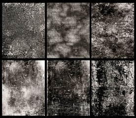 Grunge background compilation. Cracked structure effect. Rough grunge pattern design. Texture of damaged and scuffed material. Texture overlay effect. Set of several textures.