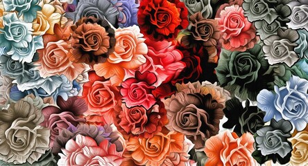 Computer graphics of abstract floral psychedelic background stylization of colored chaotic stickers in the form of leaves