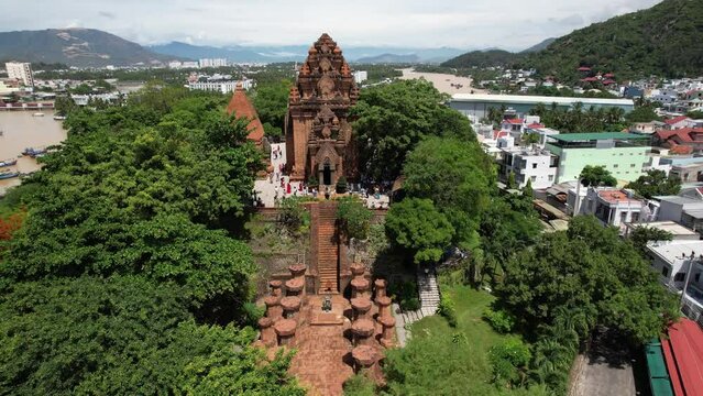 Po Nagar , Nha Trang  Vietnam - 04 08 2022 : 4k Drone footage of a ancient Temple in Vietnam in coastal city of Nha Trang  cham tower Po nagar Hindu temple ,indian god goddesses  