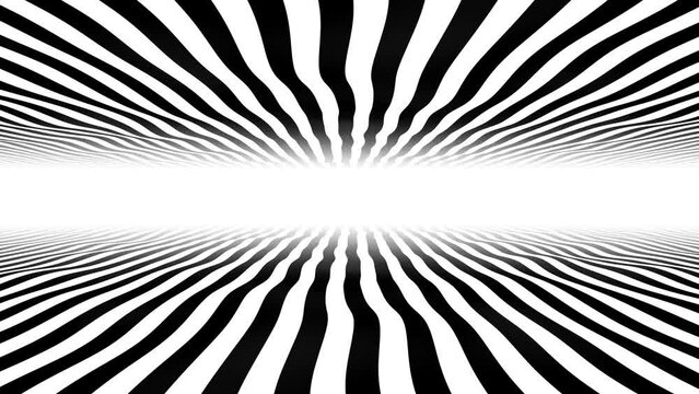 Halftone animated background frame. Wave motion of chaotic lines, stripes, ribbons. 3d tunnel. Texture of hypnosis rays. Computer screensaver for technology, presentations, business, shares. 4k