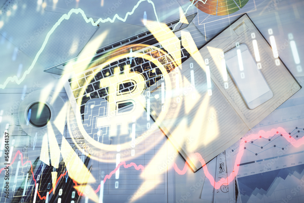 Poster blockchain theme hologram drawings over computer on the desktop background. top view. multi exposure