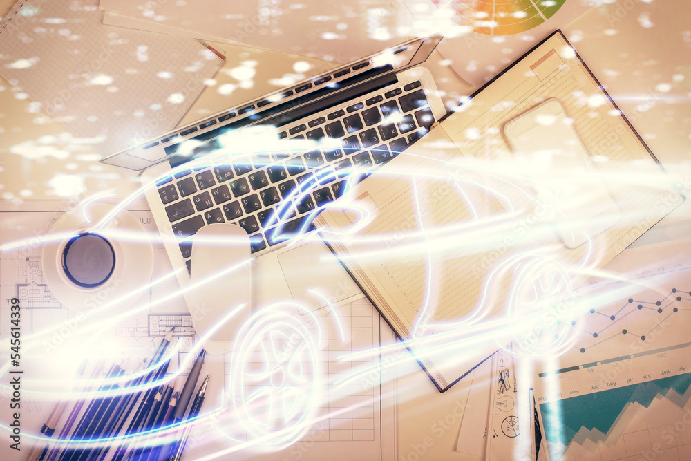 Aufkleber Auto pilot hologram drawing over computer on the desktop background. Top view. Double exposure. Tech concept.