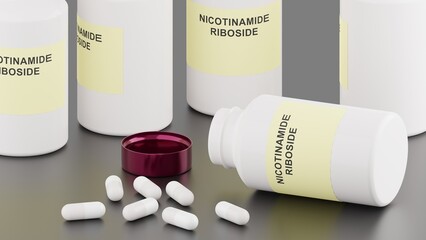 Nicotinamide riboside. Pills with Nicotinamide riboside. 3d illustration. Popular Dietary Supplement