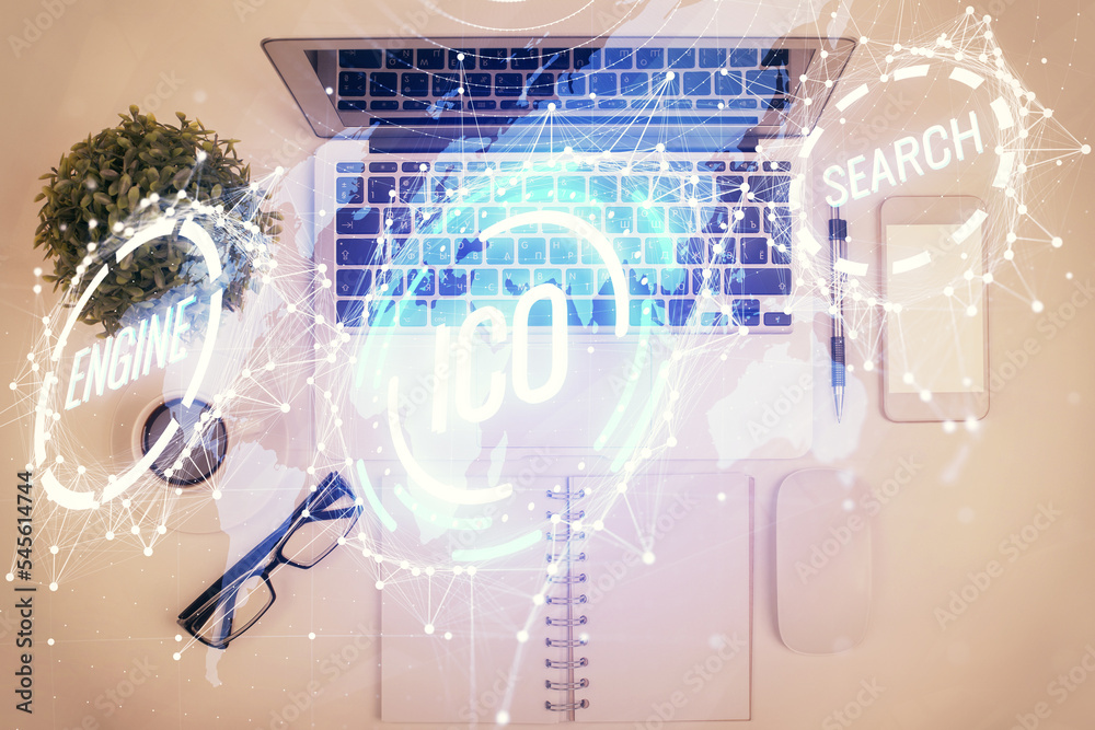 Poster blockchain theme hologram drawings over computer on the desktop background. top view. multi exposure